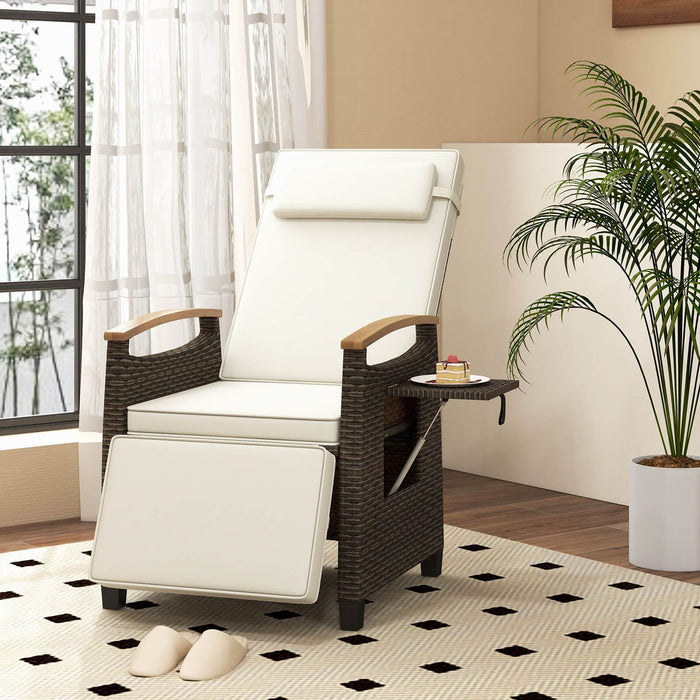 Patio Rattan Recliner Chair with Adjustable Backrest, Footrest & Flip Side Table