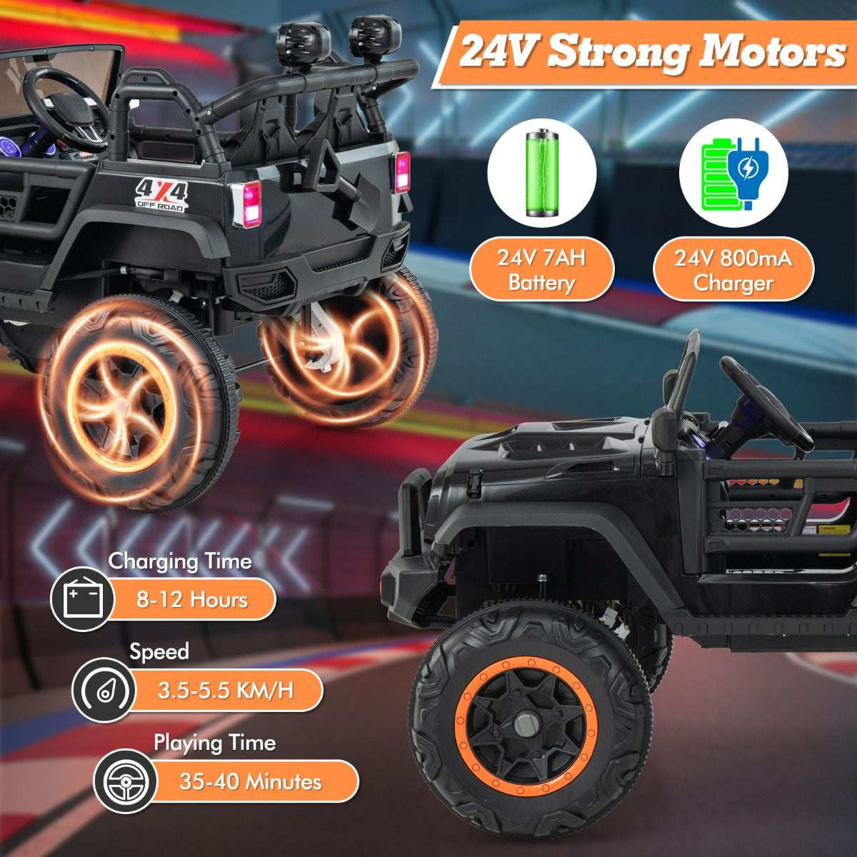 SEDOL 2-Seater 24V Kids Ride-On Truck with 4-Motor 4WD System Parental Remote Control 3-Point Safety Harness and Bonus Digging Shovel – 50kg Capacity