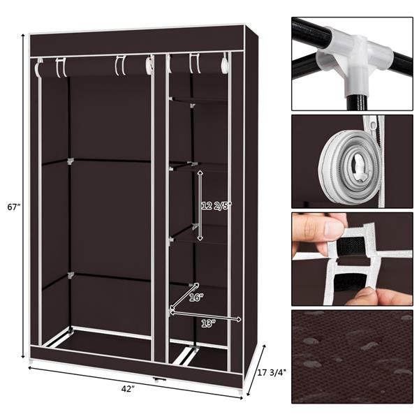 67" Portable Clothes Wardrobe – Fabric Closet with Hanging Rod (Dark Brown)