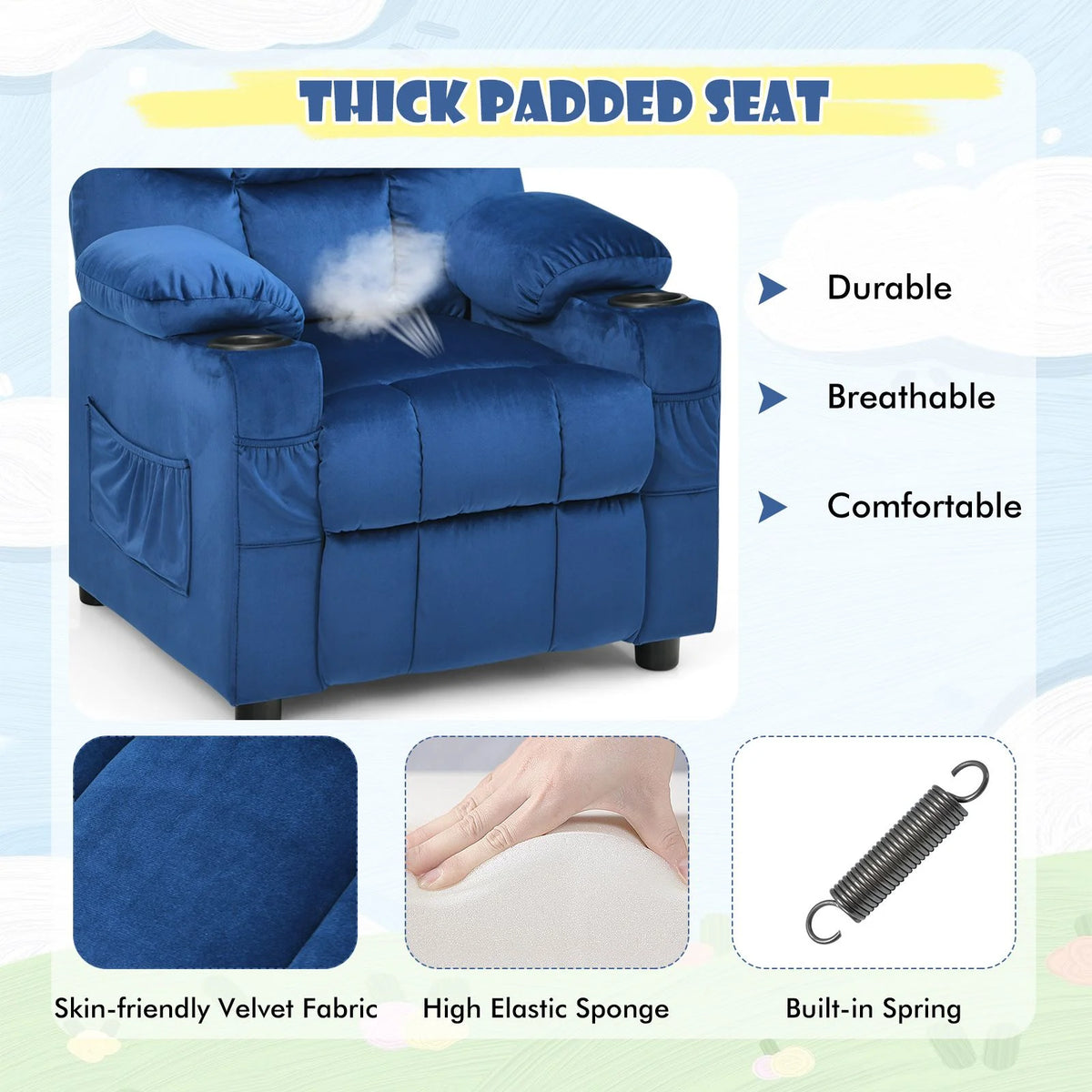 SEDOL Deluxe Larger Kids Recliner Armchair with Dual Cup Holders and Storage Pockets Premium Velvet Children’s Lounge Chair with 130° Adjustable Backrest & Pine Wood Frame
