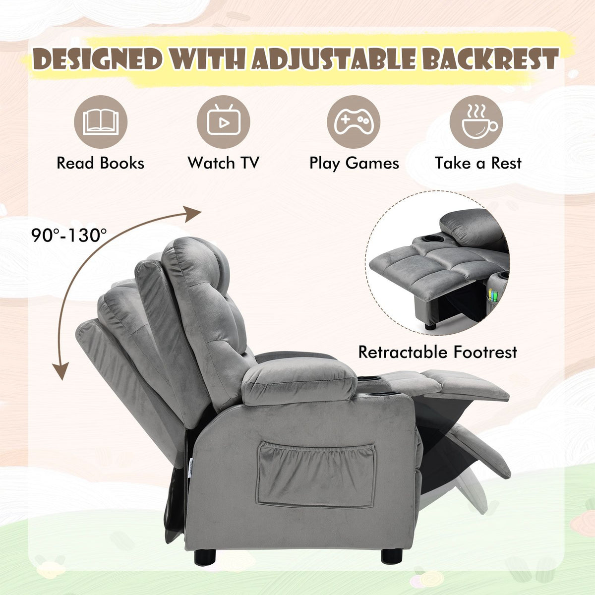 SEDOL Deluxe Larger Kids Recliner Armchair with Dual Cup Holders and Storage Pockets Premium Velvet Children’s Lounge Chair with 130° Adjustable Backrest & Pine Wood Frame