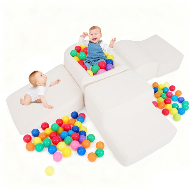 SEDOL 5-Piece Luxury Sherpa Soft Play Set | Toddler Indoor Climbing Foam Blocks with Ball Pit, Slide & Ladder | Machine-Washable Designer Sensory Gym for Active Play & Coordination