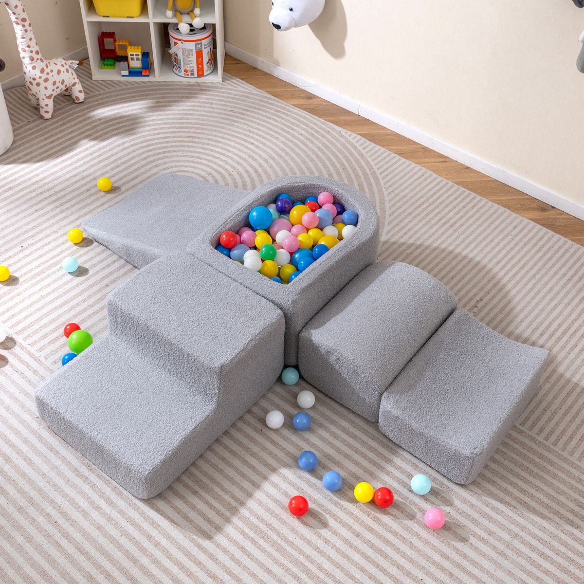 SEDOL 5-Piece Luxury Sherpa Soft Play Set | Toddler Indoor Climbing Foam Blocks with Ball Pit, Slide & Ladder | Machine-Washable Designer Sensory Gym for Active Play & Coordination