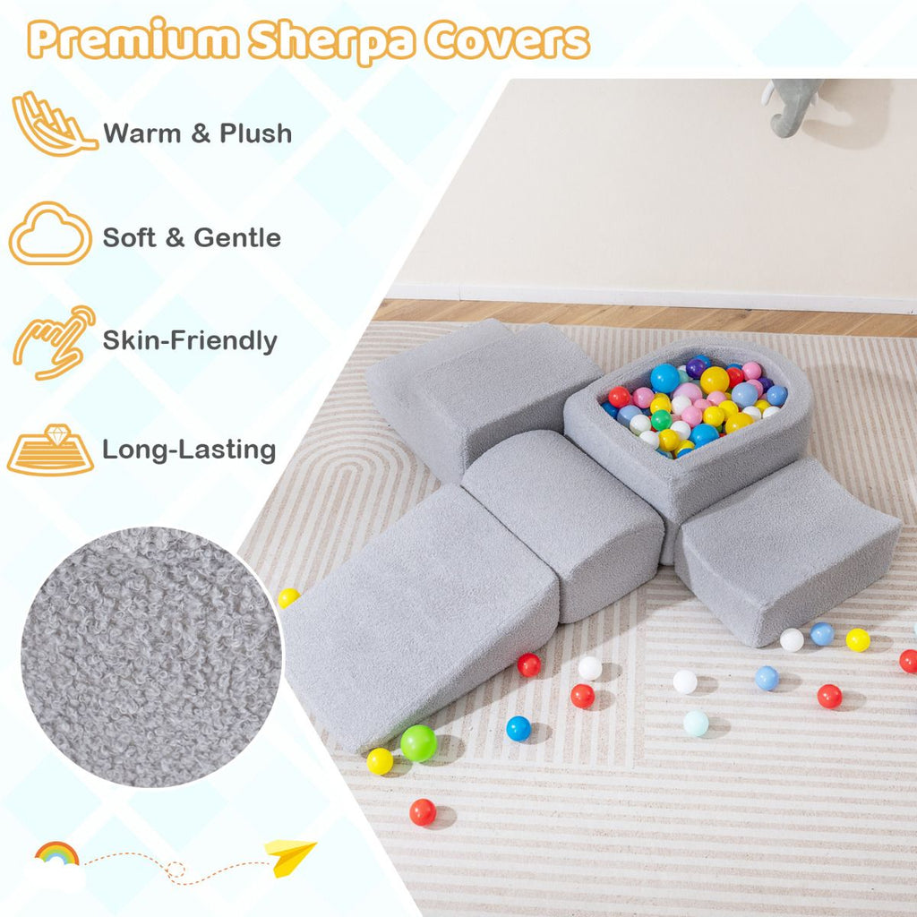SEDOL 5-Piece Luxury Sherpa Soft Play Set | Toddler Indoor Climbing Foam Blocks with Ball Pit, Slide & Ladder | Machine-Washable Designer Sensory Gym for Active Play & Coordination