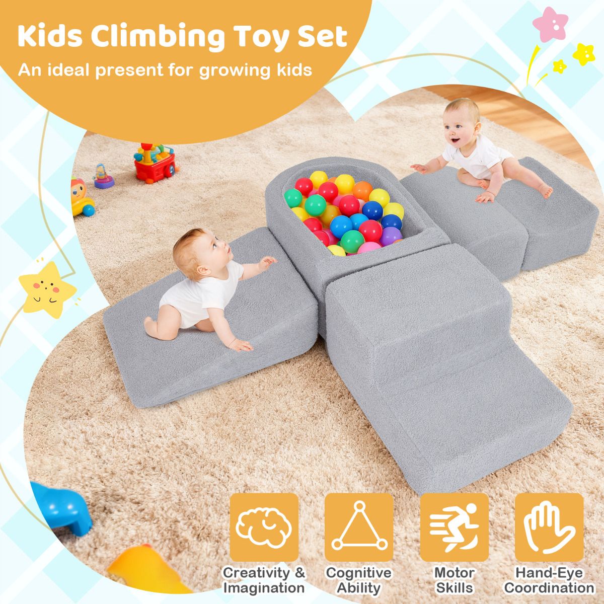 SEDOL 5-Piece Luxury Sherpa Soft Play Set | Toddler Indoor Climbing Foam Blocks with Ball Pit, Slide & Ladder | Machine-Washable Designer Sensory Gym for Active Play & Coordination