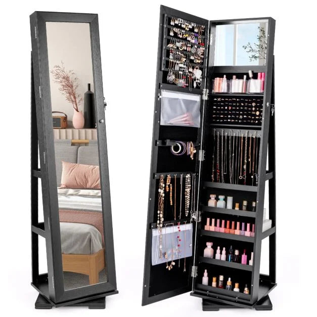 SEDOL 360° Rotating Full-Length Mirrored Jewellery Cabinet | Lockable Jewellery Armoire with 3-Tier Rear Display Shelves | Ultra-Large Storage for 120 Earrings, 78 Rings & 24 Necklaces | Velvet-Lined Boutique Organiser