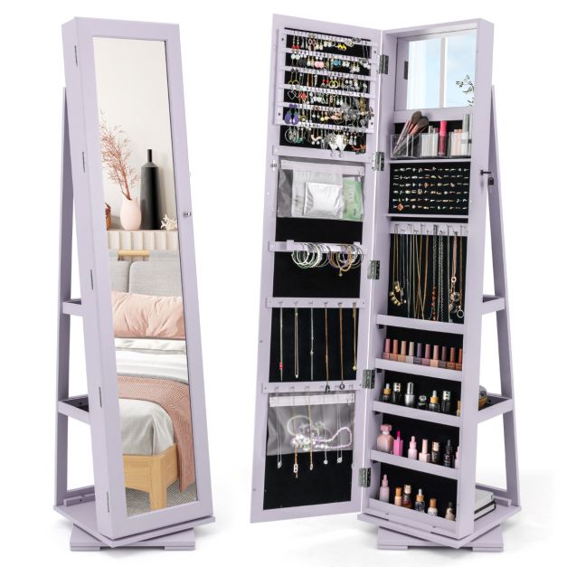 SEDOL 360° Rotating Full-Length Mirrored Jewellery Cabinet | Lockable Jewellery Armoire with 3-Tier Rear Display Shelves | Ultra-Large Storage for 120 Earrings, 78 Rings & 24 Necklaces | Velvet-Lined Boutique Organiser