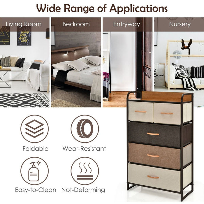 Vertical Dresser Storage Tower with Wooden Top and 5 Drawers