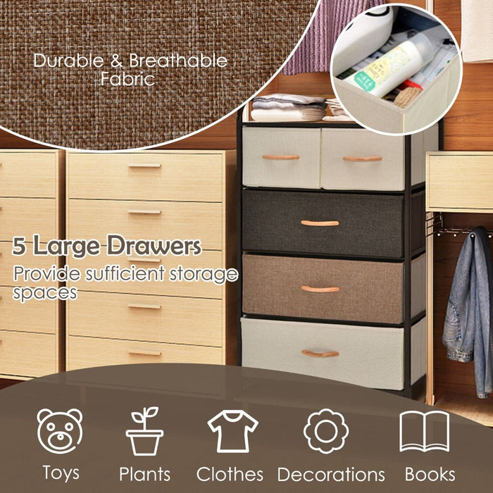 Vertical Dresser Storage Tower with Wooden Top and 5 Drawers