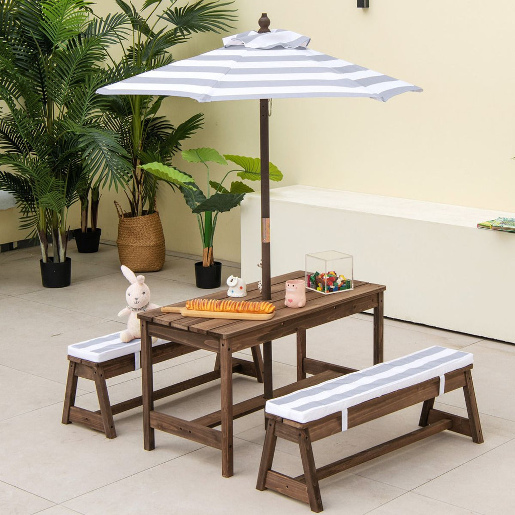 SEDOL Kids 4-Seater Garden Picnic Table Set | Solid Fir Wood Outdoor Activity Table with 3-Height Adjustable Umbrella | 2 Padded Bench Cushions | 150KG Heavy-Duty Bench Capacity