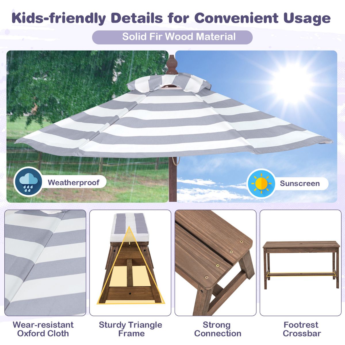 SEDOL Kids 4-Seater Garden Picnic Table Set | Solid Fir Wood Outdoor Activity Table with 3-Height Adjustable Umbrella | 2 Padded Bench Cushions | 150KG Heavy-Duty Bench Capacity