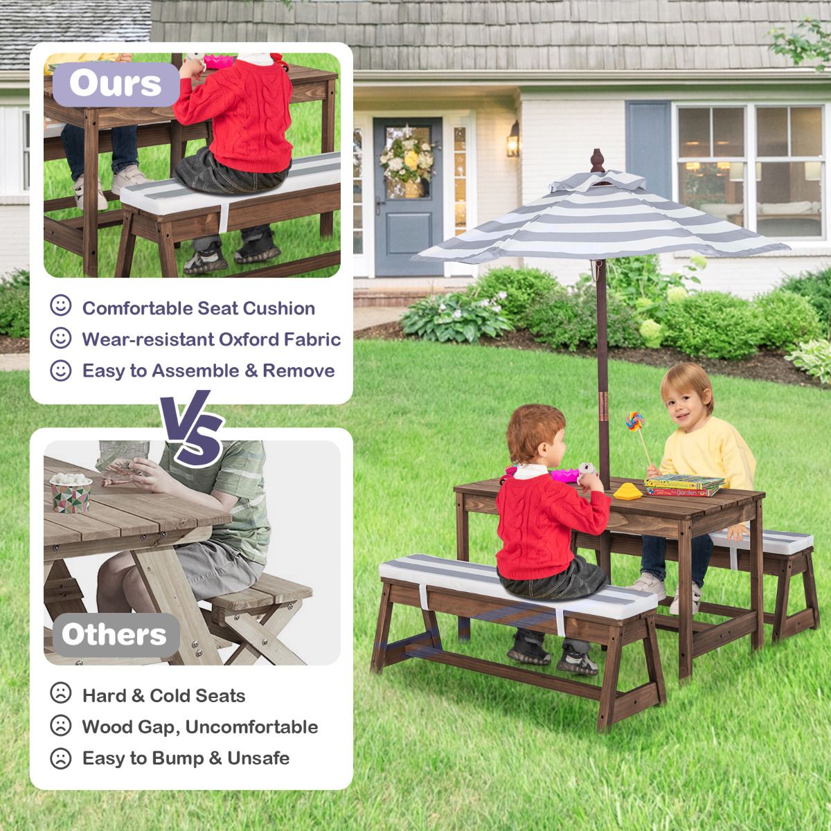 SEDOL Kids 4-Seater Garden Picnic Table Set | Solid Fir Wood Outdoor Activity Table with 3-Height Adjustable Umbrella | 2 Padded Bench Cushions | 150KG Heavy-Duty Bench Capacity