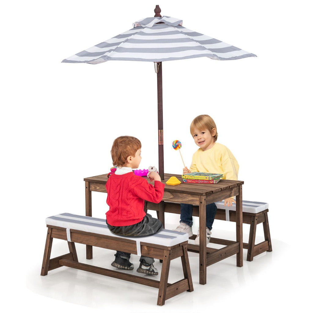 SEDOL Kids 4-Seater Garden Picnic Table Set | Solid Fir Wood Outdoor Activity Table with 3-Height Adjustable Umbrella | 2 Padded Bench Cushions | 150KG Heavy-Duty Bench Capacity