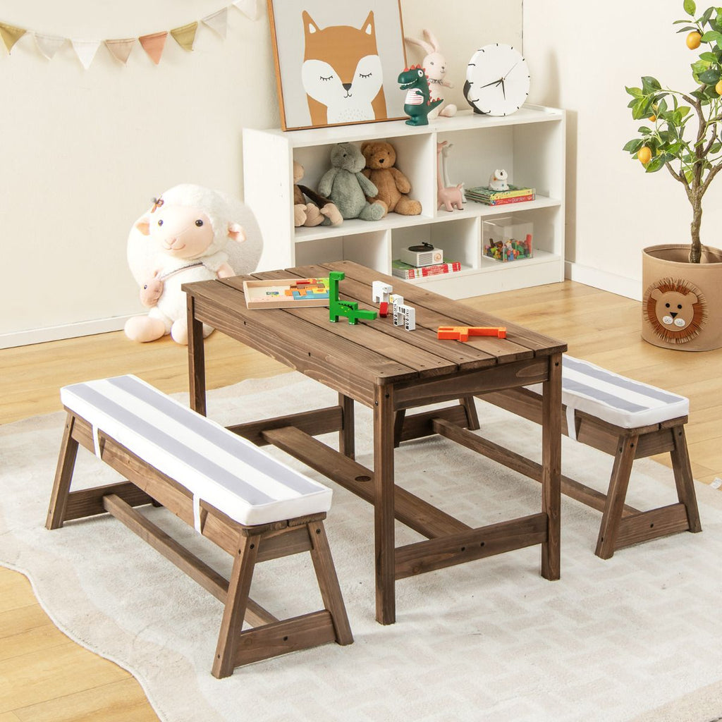 SEDOL Kids 4-Seater Garden Picnic Table Set | Solid Fir Wood Outdoor Activity Table with 3-Height Adjustable Umbrella | 2 Padded Bench Cushions | 150KG Heavy-Duty Bench Capacity