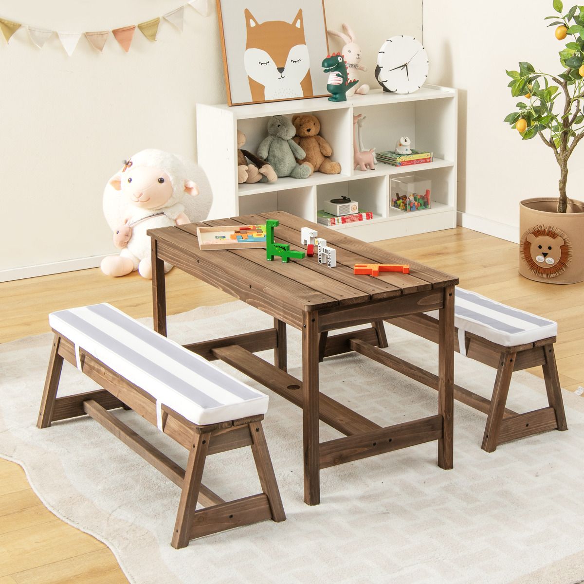 SEDOL Kids 4-Seater Garden Picnic Table Set | Solid Fir Wood Outdoor Activity Table with 3-Height Adjustable Umbrella | 2 Padded Bench Cushions | 150KG Heavy-Duty Bench Capacity