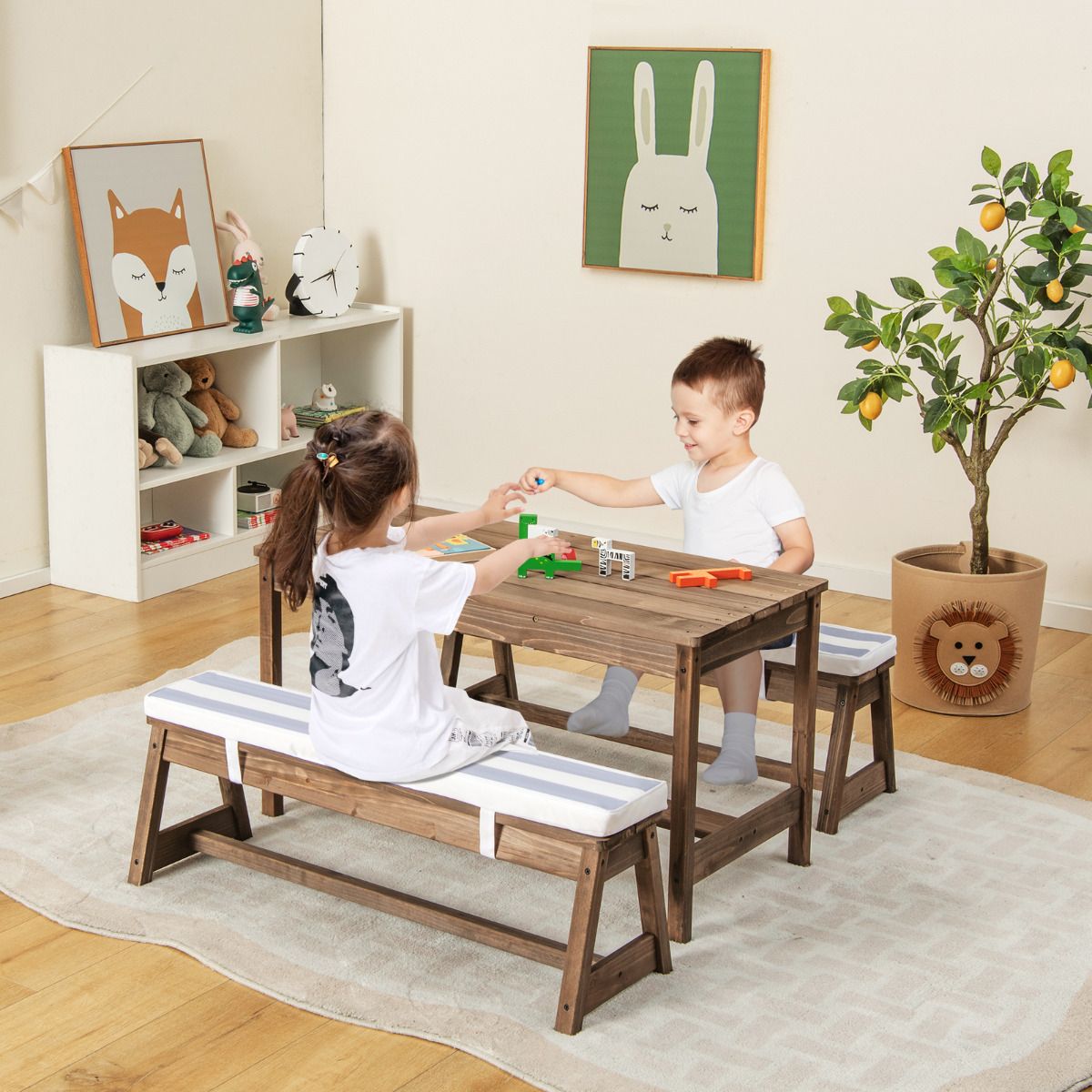 SEDOL Kids 4-Seater Garden Picnic Table Set | Solid Fir Wood Outdoor Activity Table with 3-Height Adjustable Umbrella | 2 Padded Bench Cushions | 150KG Heavy-Duty Bench Capacity