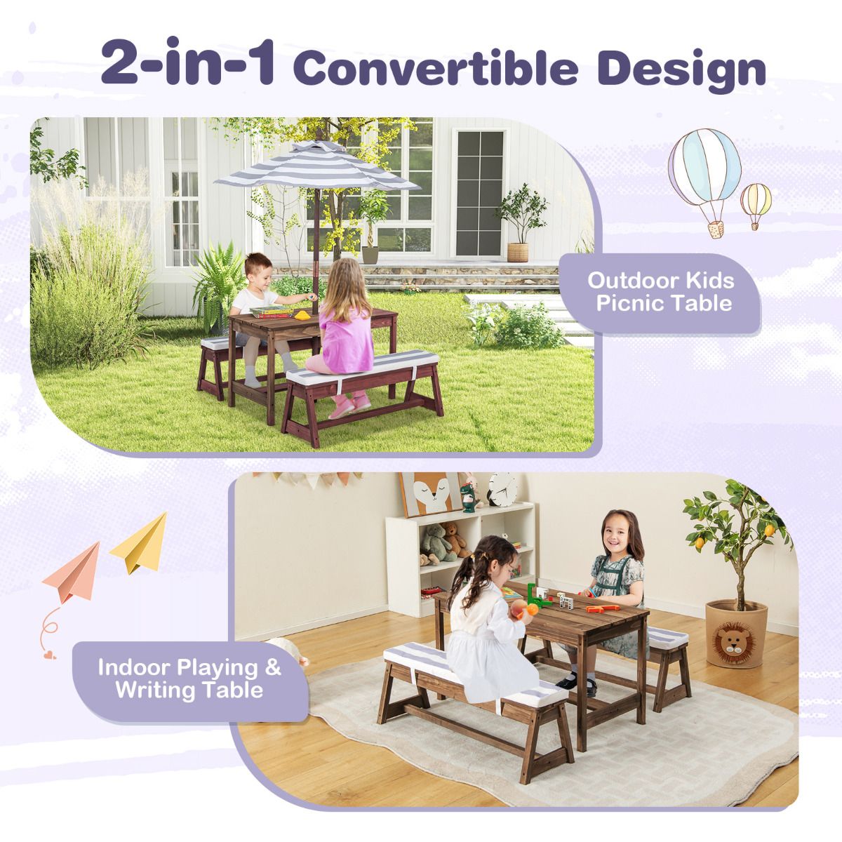 SEDOL Kids 4-Seater Garden Picnic Table Set | Solid Fir Wood Outdoor Activity Table with 3-Height Adjustable Umbrella | 2 Padded Bench Cushions | 150KG Heavy-Duty Bench Capacity