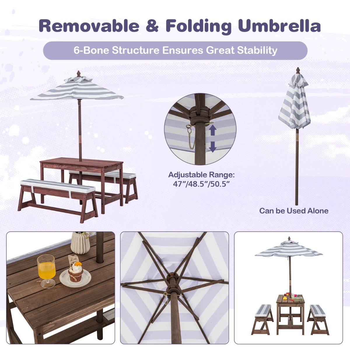 SEDOL Kids 4-Seater Garden Picnic Table Set | Solid Fir Wood Outdoor Activity Table with 3-Height Adjustable Umbrella | 2 Padded Bench Cushions | 150KG Heavy-Duty Bench Capacity