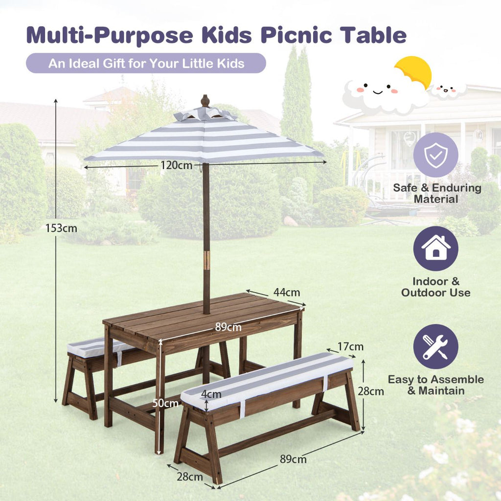SEDOL Kids 4-Seater Garden Picnic Table Set | Solid Fir Wood Outdoor Activity Table with 3-Height Adjustable Umbrella | 2 Padded Bench Cushions | 150KG Heavy-Duty Bench Capacity