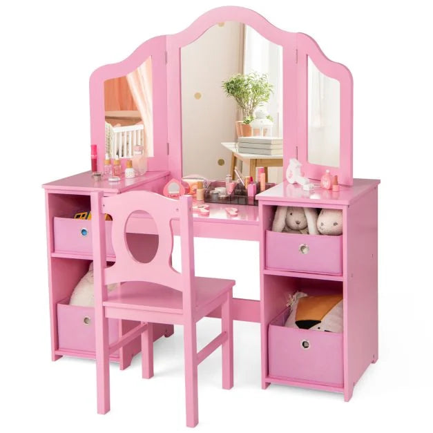 SEDOL 2-in-1 Kids Vanity Table & Writing Desk Set | Toddler Dressing Table with Shatterproof Tri-Folding Mirror | 8-Zone Storage with Removable Bins | Solid Wood Legs & Anti-Tip Safety