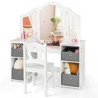 SEDOL 2-in-1 Kids Vanity Table & Writing Desk Set | Toddler Dressing Table with Shatterproof Tri-Folding Mirror | 8-Zone Storage with Removable Bins | Solid Wood Legs & Anti-Tip Safety