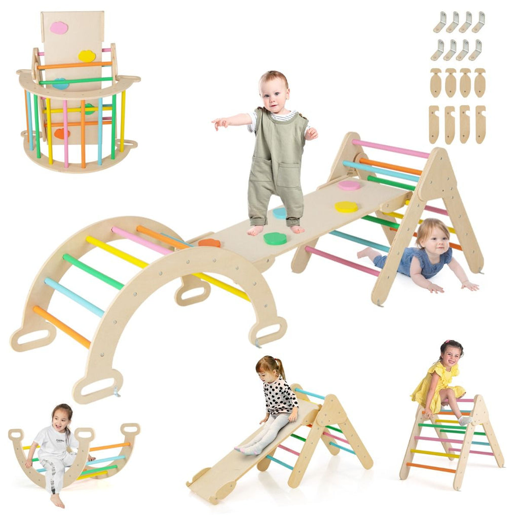 SEDOL 5-in-1 Montessori Triangle Climbing Set | Solid Beech Wood Indoor Gym with Climbing Arch, Rocker, and Double-Sided Slide Ramp | ASTM Certified Toddler Activity Playset for Ages 1+