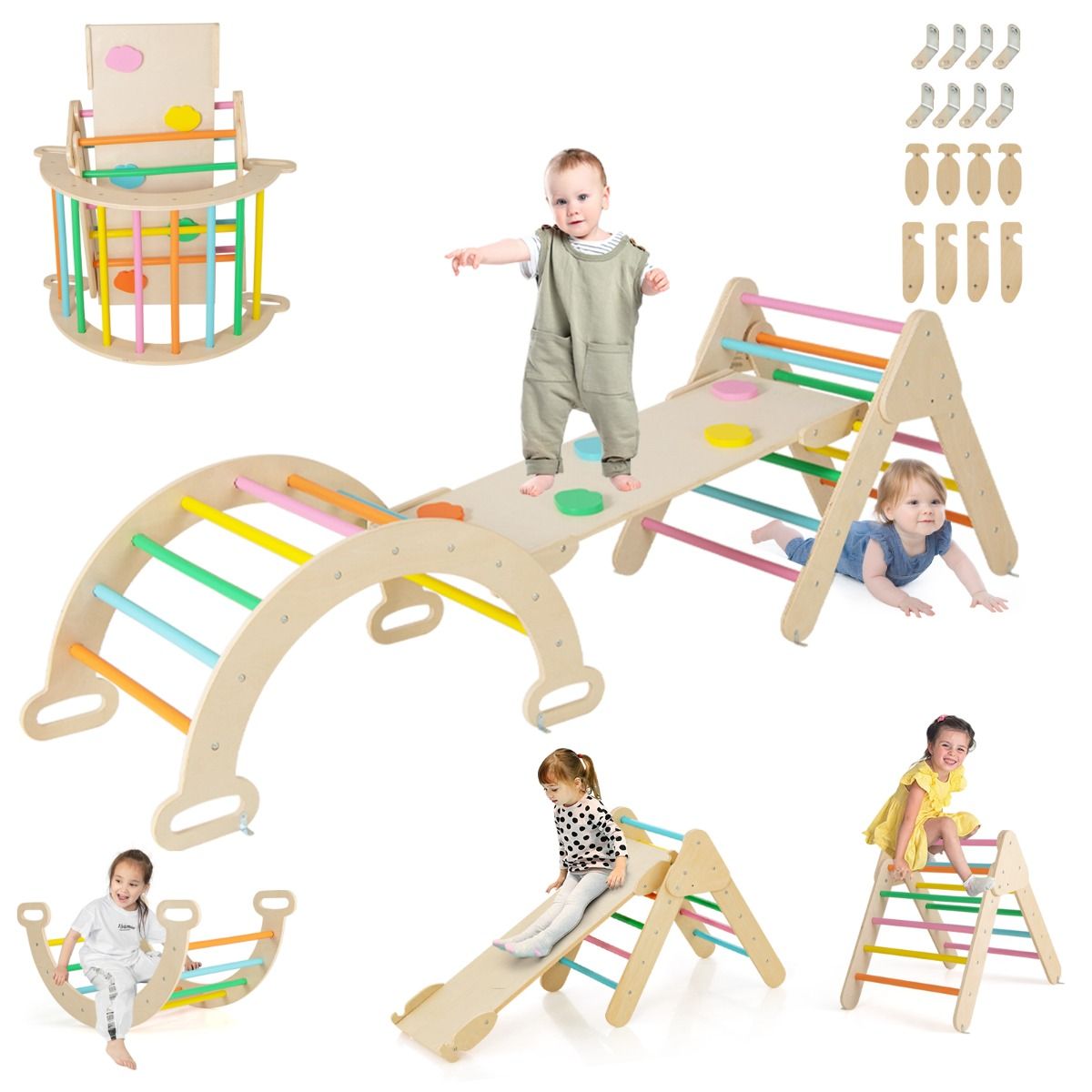 SEDOL 5-in-1 Montessori Triangle Climbing Set | Solid Beech Wood Indoor Gym with Climbing Arch, Rocker, and Double-Sided Slide Ramp | ASTM Certified Toddler Activity Playset for Ages 1+
