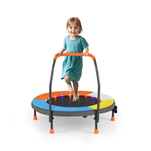 SEDOL 90cm Folding Mini Trampoline for Kids | Silent Springless Rebounder with LED Sensory Lights & Padded Safety Cover | Heavy-Duty Toddler Bouncer with Foam Handle for Indoor and Outdoor Play