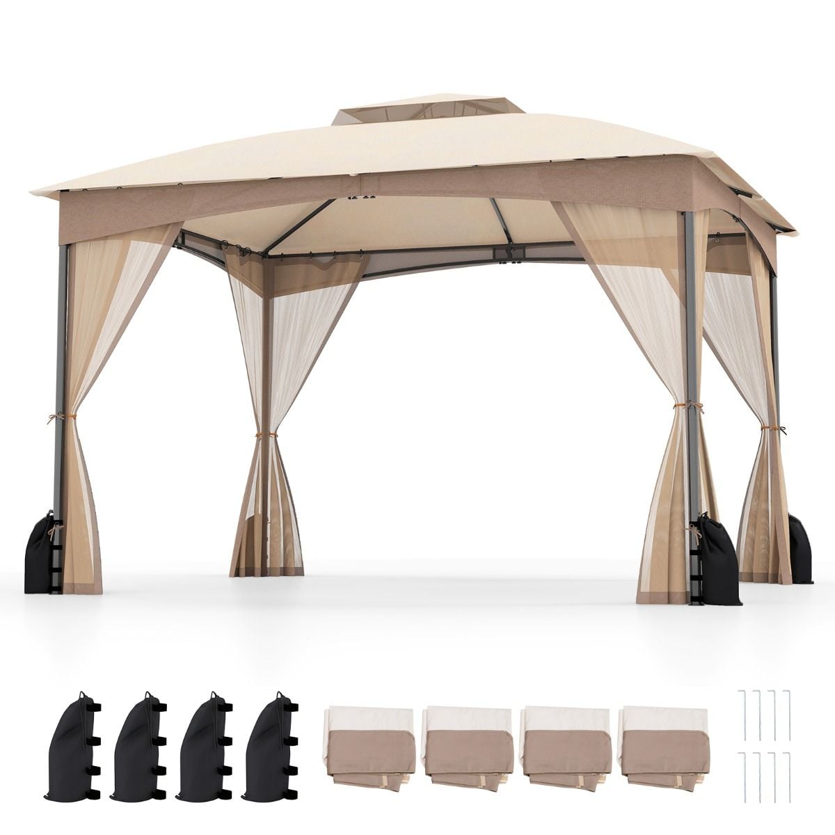 SEDOL 3.6m x 3m Luxury Patio Gazebo | Double-Tier Vented Roof Canopy with 360° Zippered Mesh Netting Walls | Heavy-Duty Tool-Free Assembly Garden Pavilion with Sandbags and Ground Stakes