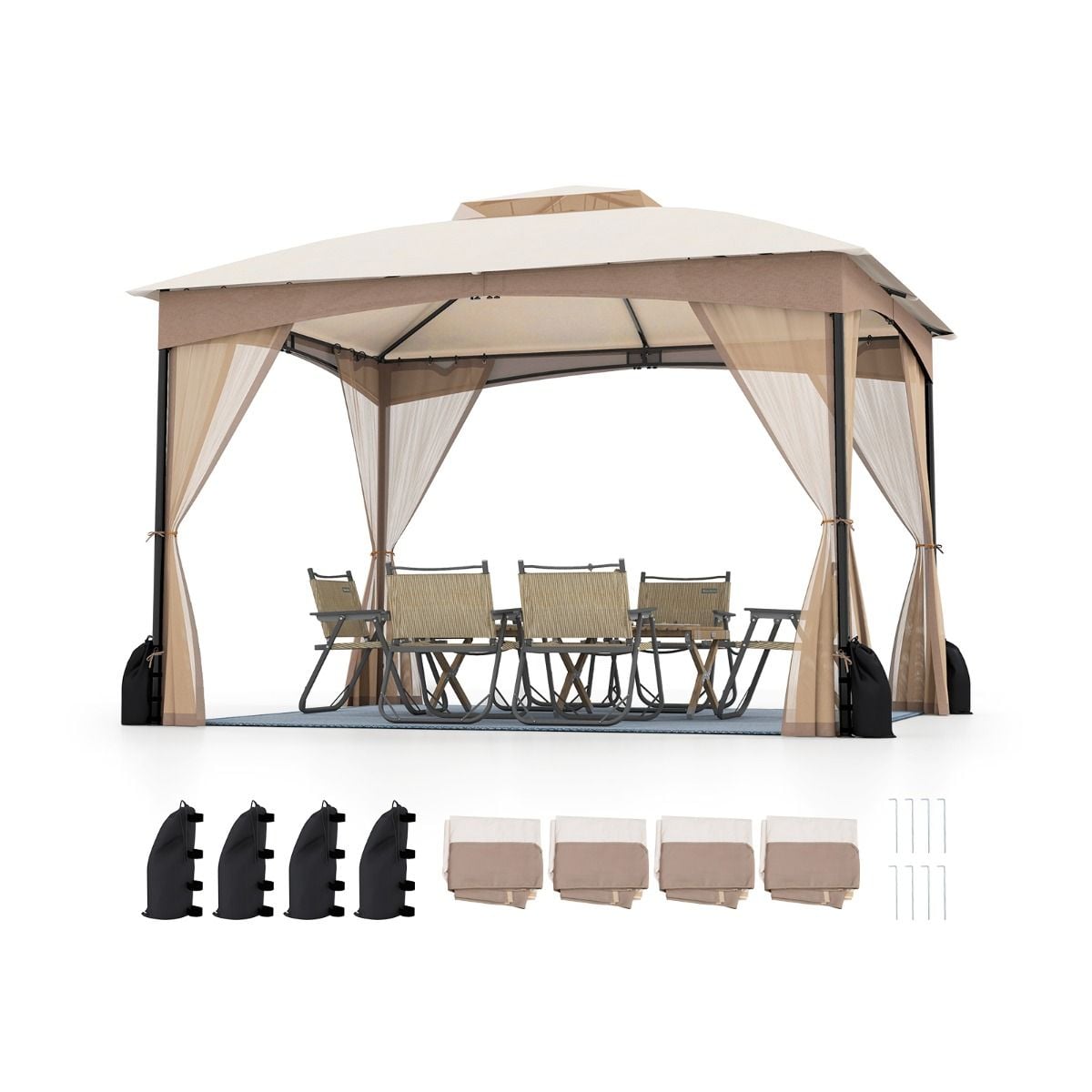 SEDOL 3.6m x 3m Luxury Patio Gazebo | Double-Tier Vented Roof Canopy with 360° Zippered Mesh Netting Walls | Heavy-Duty Tool-Free Assembly Garden Pavilion with Sandbags and Ground Stakes