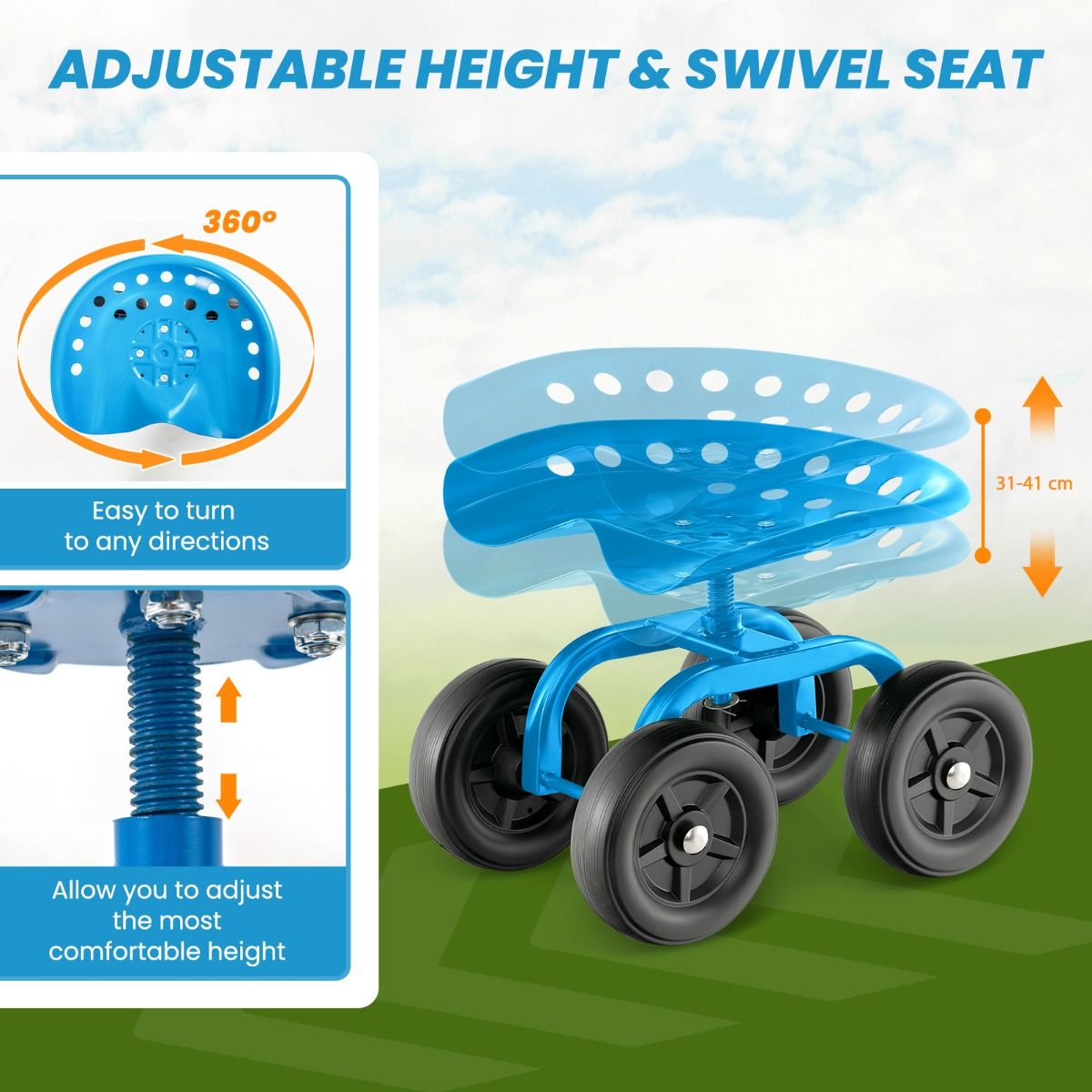 Rolling Garden Work Seat – Height Adjustable 360° Swivel Chair with Wheels & Tool Tray