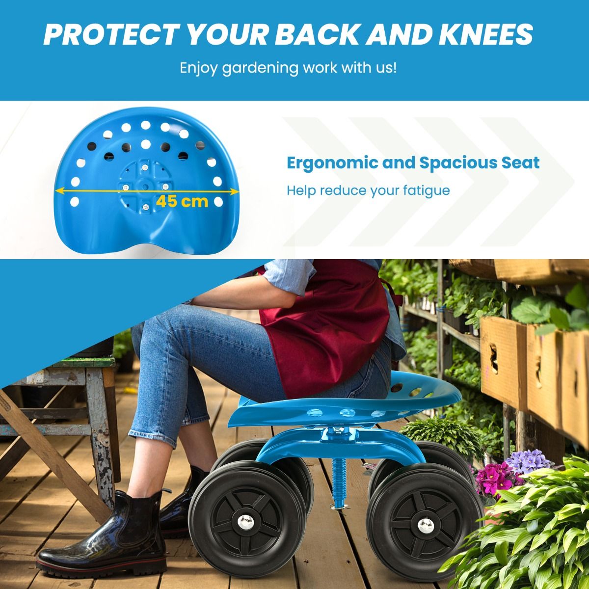 Rolling Garden Work Seat – Height Adjustable 360° Swivel Chair with Wheels & Tool Tray