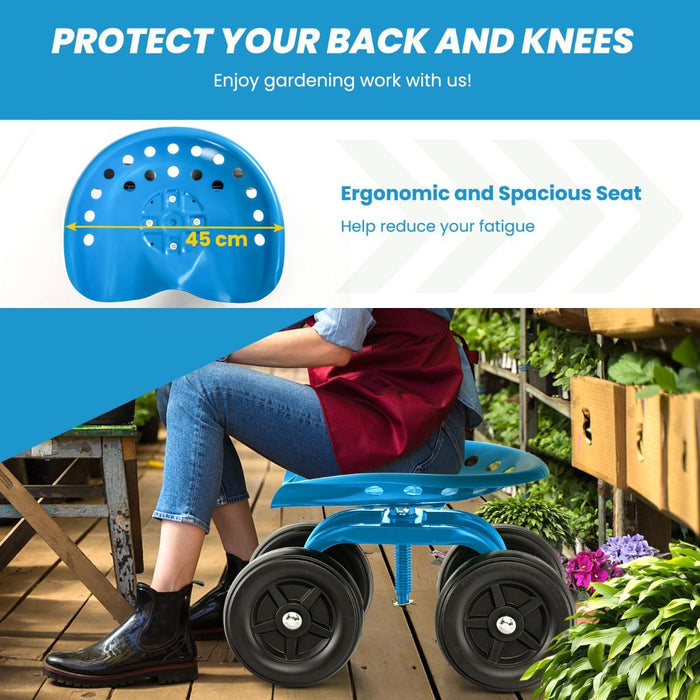 Rolling Garden Work Seat – Height Adjustable 360° Swivel Chair with Wheels & Tool Tray