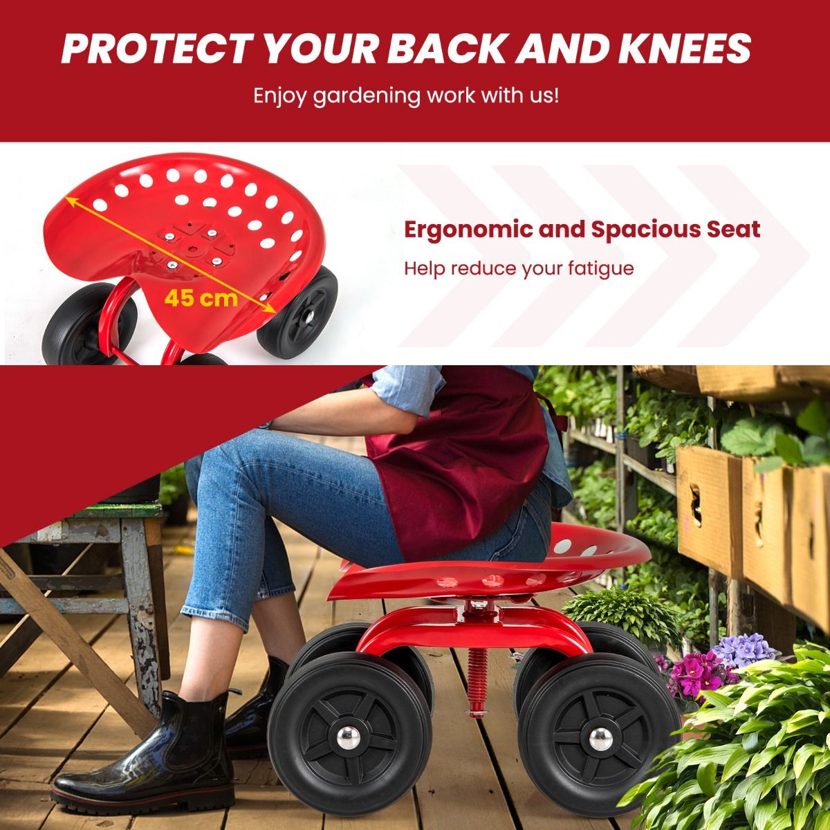 Rolling Garden Work Seat – Height Adjustable 360° Swivel Chair with Wheels & Tool Tray