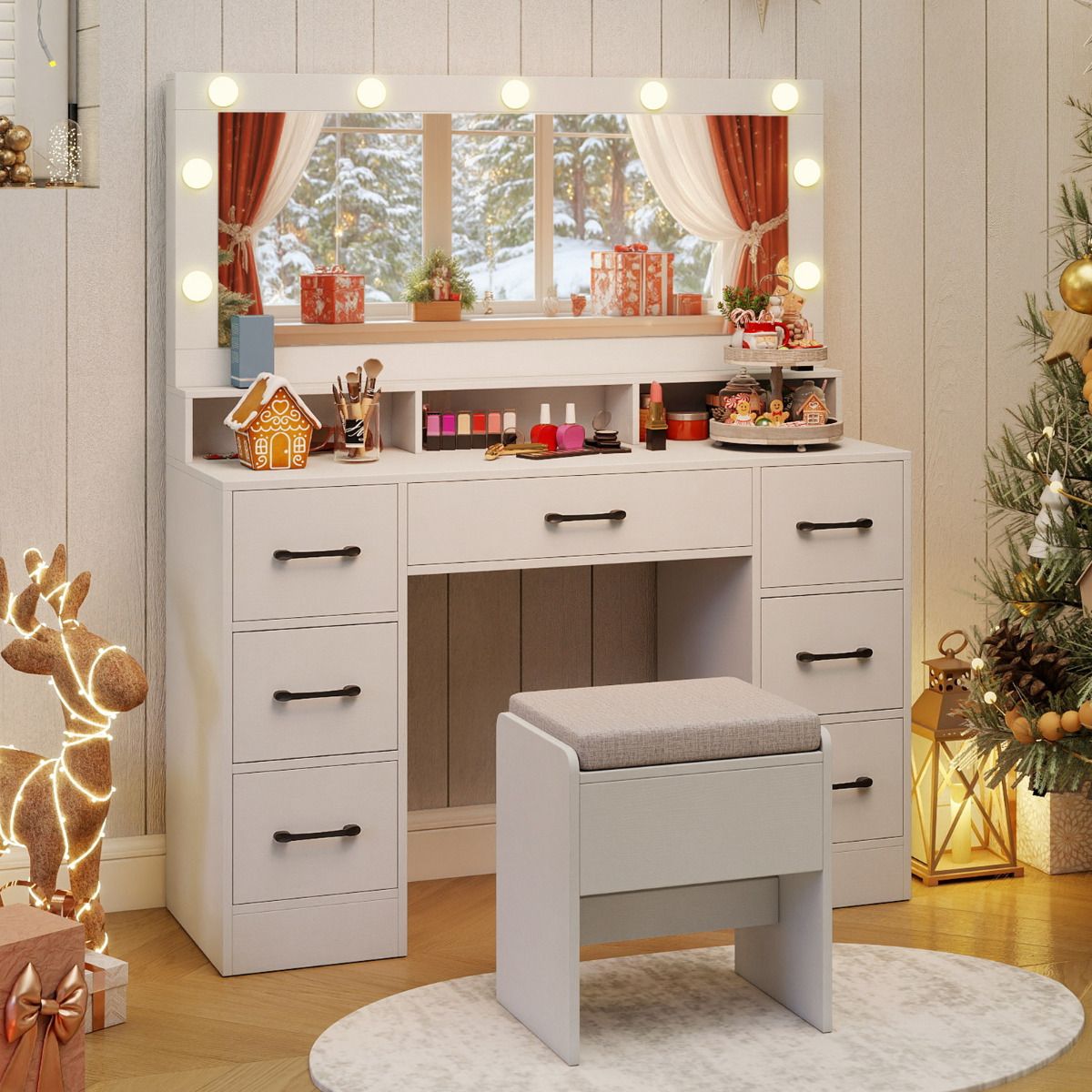 SEDOL Professional 7 Drawer Vanity Desk with Charging Station and LED Mirror Set