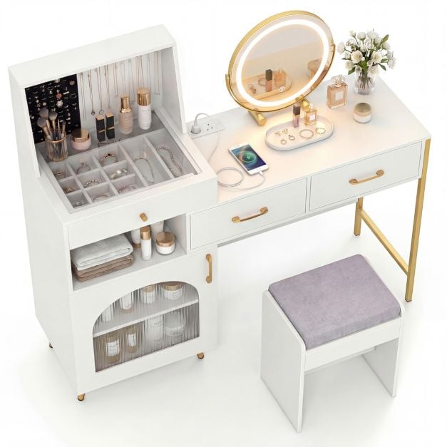 SEDOL Professional Vanity Desk with 360° LED Mirror Charging Station and Glass Top