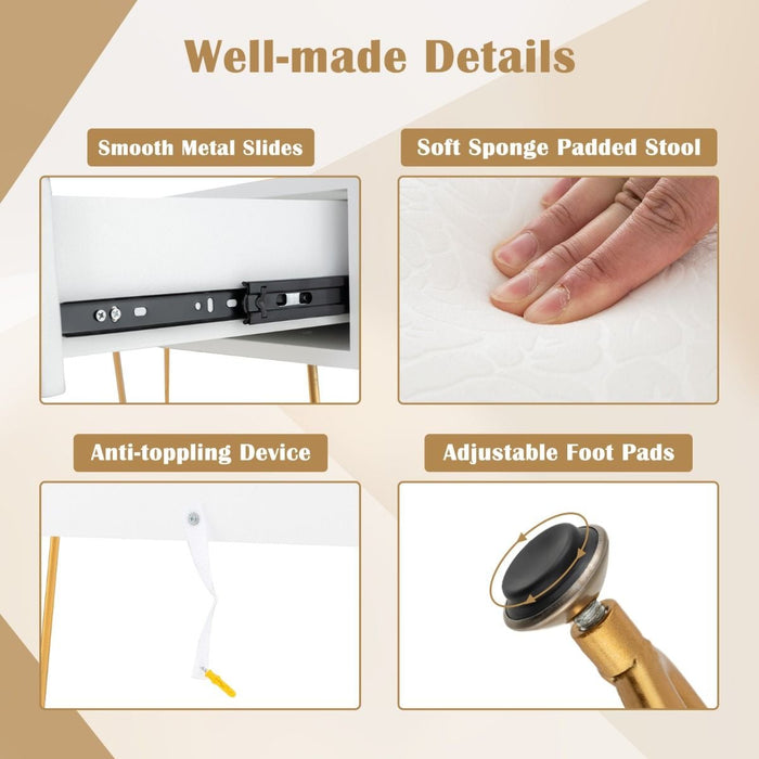 SEDOL Luxury Gold Vanity Desk Set with 16-Grid Organizer and Dimmable LED Mirror