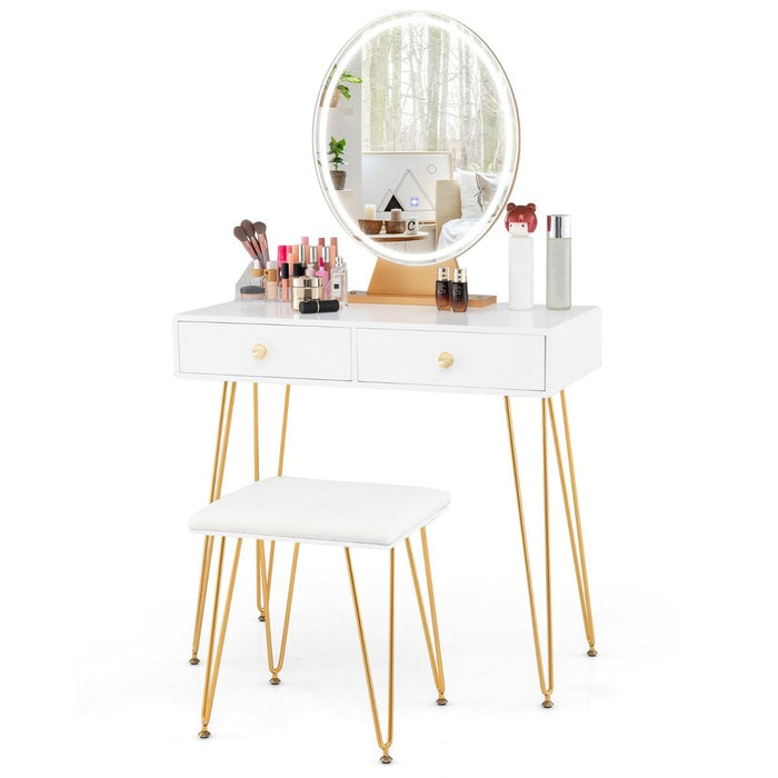 SEDOL Luxury Gold Vanity Desk Set with 16-Grid Organizer and Dimmable LED Mirror