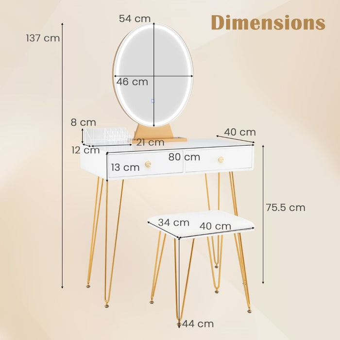 SEDOL Luxury Gold Vanity Desk Set with 16-Grid Organizer and Dimmable LED Mirror