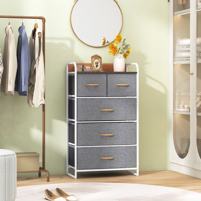 Vertical Dresser Storage Tower with Wooden Top and 5 Drawers
