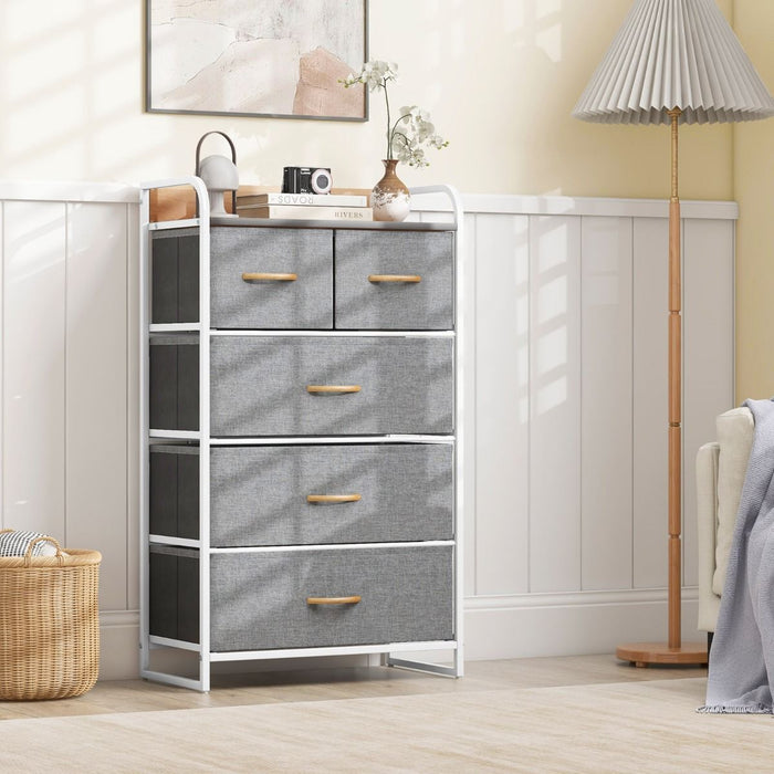 Vertical Dresser Storage Tower with Wooden Top and 5 Drawers