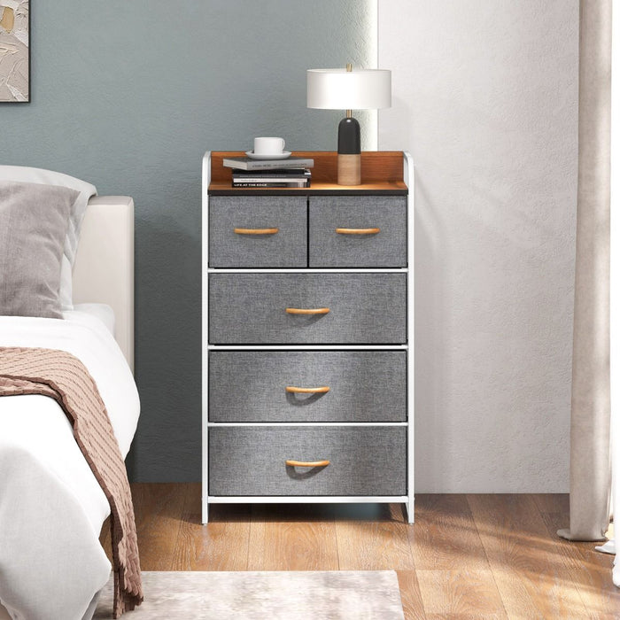 Vertical Dresser Storage Tower with Wooden Top and 5 Drawers