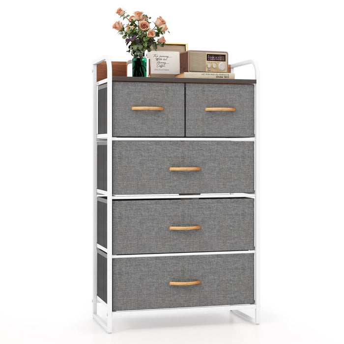 Vertical Dresser Storage Tower with Wooden Top and 5 Drawers