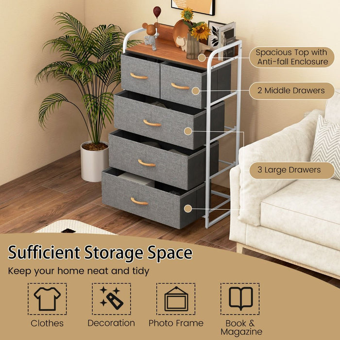 Vertical Dresser Storage Tower with Wooden Top and 5 Drawers