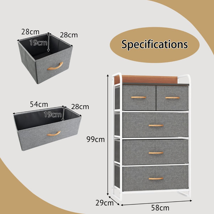 Vertical Dresser Storage Tower with Wooden Top and 5 Drawers